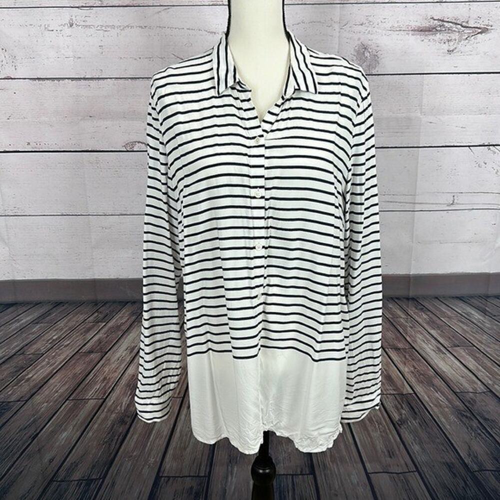J Jill Top Shirt Womens Large Black White Strip Button Tunic Rayon Office Career